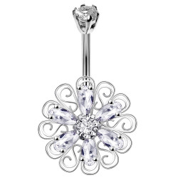 Sterling Silver Fancy Flower CZ Crystal Great Curved Belly Bars 1.6mm / 14G - Various Colours - All our Jewellery is Quality Checked by Sheffield Assay office