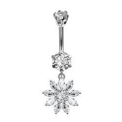 Sterling Silver Sunflower Dangle CZ Crystal Belly Bars 1.6mm / 14G - Various Colours - All our Jewellery is Quality Checked by Sheffield Assay office