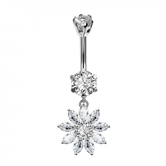 Sterling Silver Sunflower Dangle CZ Crystal Belly Bars 1.6mm / 14G - Various Colours - All our Jewellery is Quality Checked by Sheffield Assay office