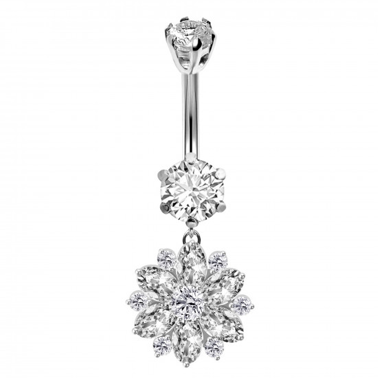Sterling Silver Lily Flower Dangle CZ Crystal Belly Bars 1.6mm / 14G - Various Colours - All our Jewellery is Quality Checked by Sheffield Assay office