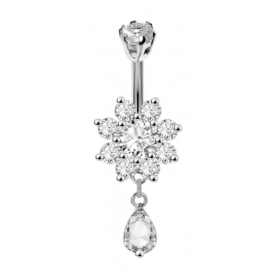 Sterling Silver Flower Drop Dangle CZ Crystal Belly Bars 1.6mm / 14G - Various Colours - All our Jewellery is Quality Checked by Sheffield Assay office