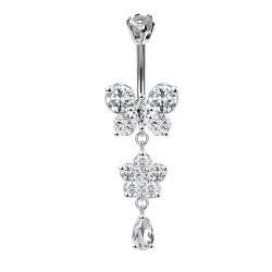 Sterling Silver Drop Butterfly Flower CZ Crystal Belly Bars 1.6mm / 14G - Various Colours - All our Jewellery is Quality Checked by Sheffield Assay office
