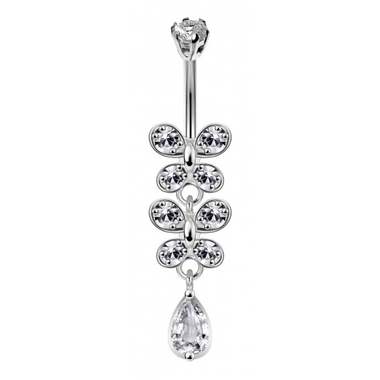 Sterling Silver Double Drop Butterfly Dangle CZ Crystal Belly Bars 1.6mm / 14G - Various Colours - All our Jewellery is Quality Checked by Sheffield Assay office