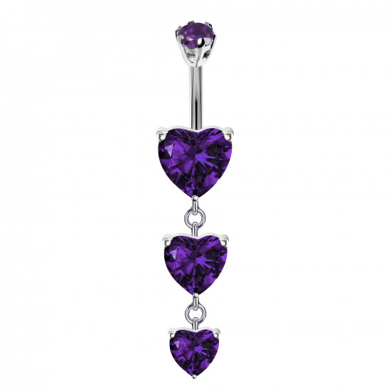 Triple Dangly Heart Drop Silver Belly Bars with CZ Crystals - Various Colours - All our Jewellery is Quality Checked by Sheffield Assay office