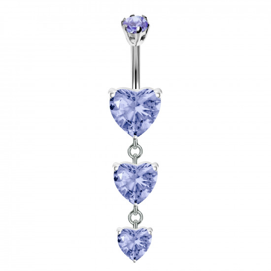 Triple Dangly Heart Drop Silver Belly Bars with CZ Crystals - Various Colours - All our Jewellery is Quality Checked by Sheffield Assay office