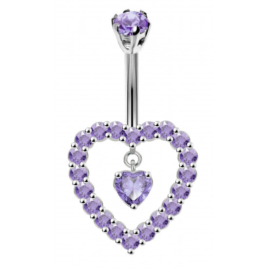Surgical Steel Belly Bars 1.6mm / 14G with Silver Open Heart Center CZ Crystals - Various Colours - All our Jewellery is Quality Checked by Sheffield Assay office
