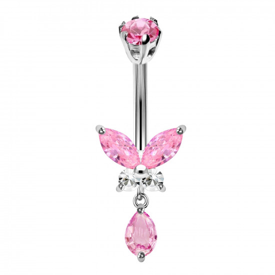 Sterling Silver Dangle Butterfly CZ Crystal Belly Bars 1.6mm / 14G - Various Colours - All our Jewellery is Quality Checked by Sheffield Assay office