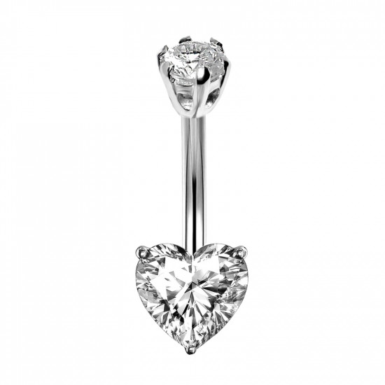 Sterling Silver Solitaire Heart Belly Bars Made Of CZ Crystals - Various Colours - All our Jewellery is Quality Checked by Sheffield Assay office