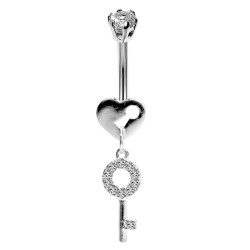 Silver Dangle Key and Heart Belly Bars with Round CZ Crystals - Various Colours - All our Jewellery is Quality Checked by Sheffield Assay office