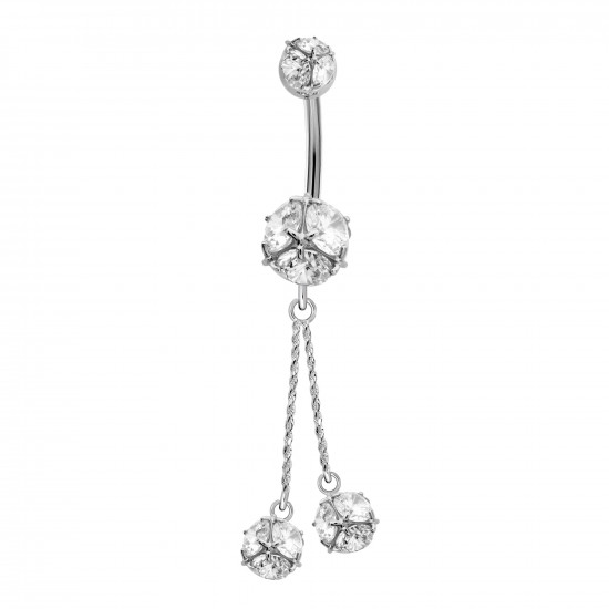 Sterling Silver 2 Drop Round CZ Crystal Studded with Silver Chain Belly Bars 1.6mm / 14G - Various Colours - All our Jewellery is Quality Checked by Sheffield Assay office