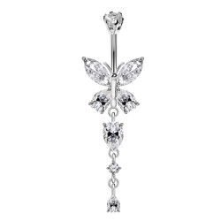 Sterling Silver Butterfly Dangle Belly Bars with CZ Crystals - Various Colours - All our Jewellery is Quality Checked by Sheffield Assay office
