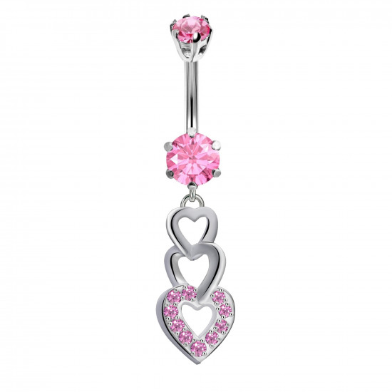 Sterling Silver Heart Chain Dangle Belly Bar with CZ Crystals - Various Colours - All our Jewellery is Quality Checked by Sheffield Assay office