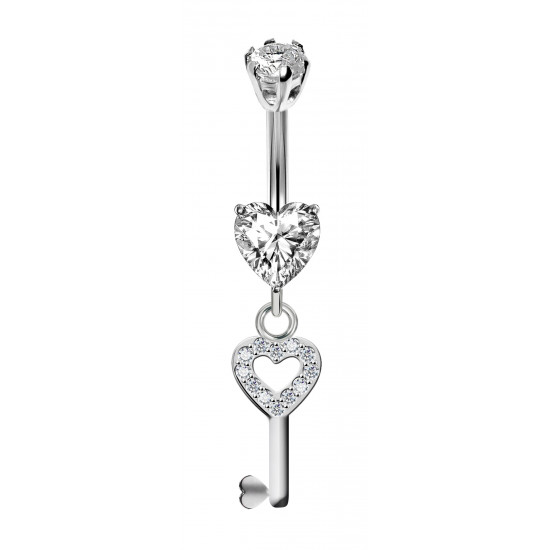 Sterling Silver Key Bellybar - Surgical Steel 14G with CZ Crystals - Various Colours - All our Jewellery is Quality Checked by Sheffield Assay office