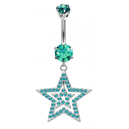 Double Star Dangle Belly Bars in Silver with CZ Crystals - Various Colours - All our Jewellery is Quality Checked by Sheffield Assay office