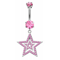 Double Star Dangle Belly Bars in Silver with CZ Crystals - Various Colours - All our Jewellery is Quality Checked by Sheffield Assay office