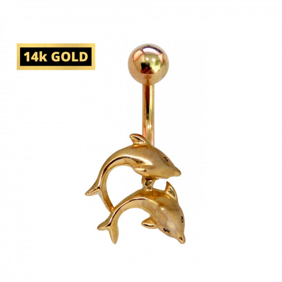 14K Gold Belly Bar - Dolphin Pair