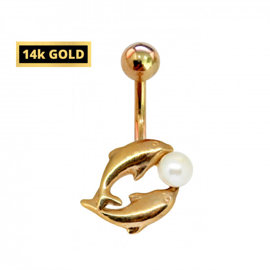 14K Gold Belly Bar - Synthetic Pearl with Dolphin Pair