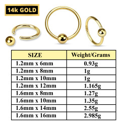14K Solid Gold Captive Bead Ring Piercing (BCR) - 14G