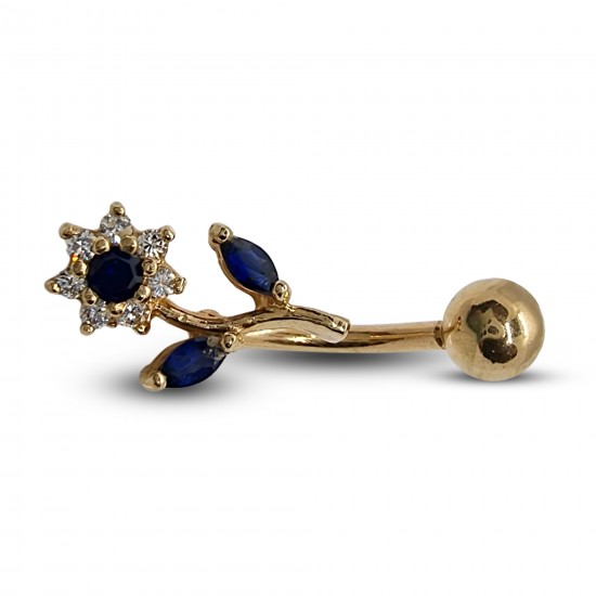 14K Gold Belly Bar - Flower Belly Ring with Crystals