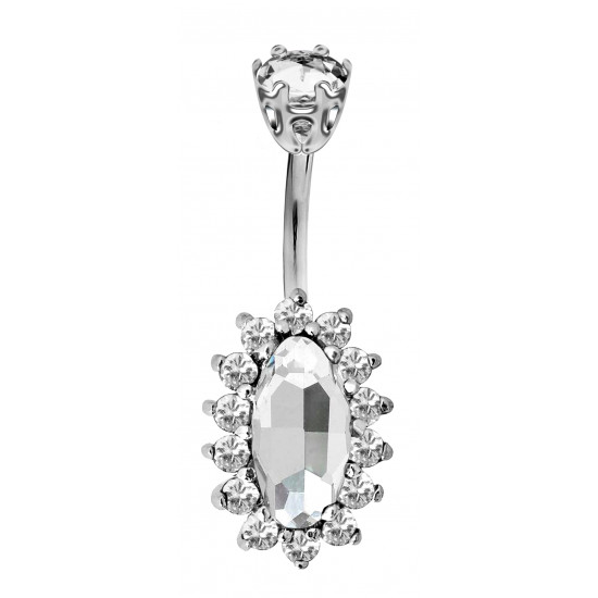 Sterling Silver Oval Shape Flower CZ Crystal Studded Belly Bars 1.6mm / 14G - Various Colours - All our Jewellery is Quality Checked by Sheffield Assay office