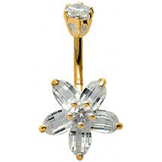 Gold Plated Stainless Steel Flower Belly Button Piercing Bar with CZ Crystals - Various Colours