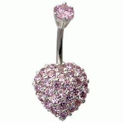 Sterling Silver Heart Design Belly Button Piercing Bar with CZ Crystals - Various Colours - All our Jewellery is Quality Checked by Sheffield Assay office
