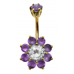 Sterling Silver Flower Belly Button Piercing Bar 18K Gold Plated with CZ Crystals - Various Colours