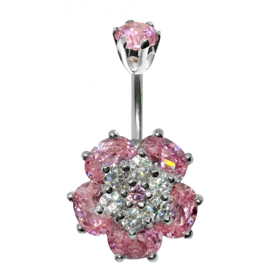 Sterling Silver Wild Flower CZ Crystal Belly Bars 1.6mm / 14G - Various Colours - All our Jewellery is Quality Checked by Sheffield Assay office