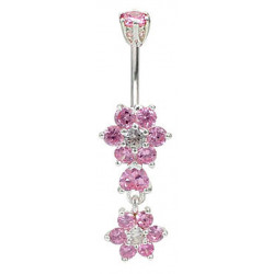 Sterling Silver Drop Dangle Double Flower CZ Crystal Belly Bars 1.6mm / 14G - Various Colours - All our Jewellery is Quality Checked by Sheffield Assay office