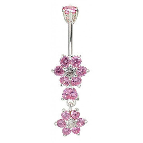 Sterling Silver Drop Dangle Double Flower CZ Crystal Belly Bars 1.6mm / 14G - Various Colours - All our Jewellery is Quality Checked by Sheffield Assay office