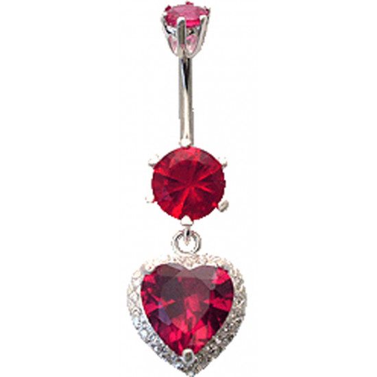 Sterling Silver Heart Dangle CZ Crystal Studded Belly Bars 1.6mm / 14G - Various Colours - All our Jewellery is Quality Checked by Sheffield Assay office