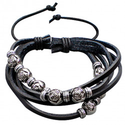 Multi-Strand Wrap Genuine Leather Bracelet with Rose Beads - Various Colours