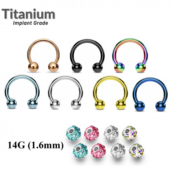 Titanium Septum Ring - PA Ring - Horseshoe  Barbell - 14G (1.6mm) Cartilage PA Circular Barbell - with Multi Crystal Replacement Balls - Quality tested at Sheffield Assay England