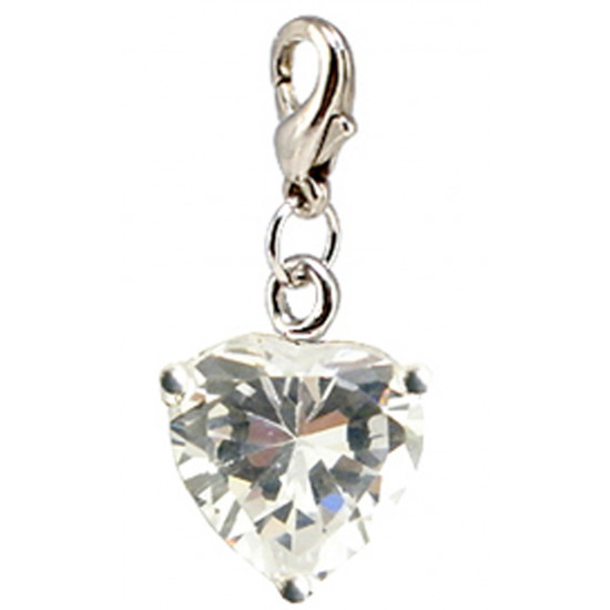 Silver CZ  Crystals Heart Charm Heart with Spring Spring Lobster Clasp
