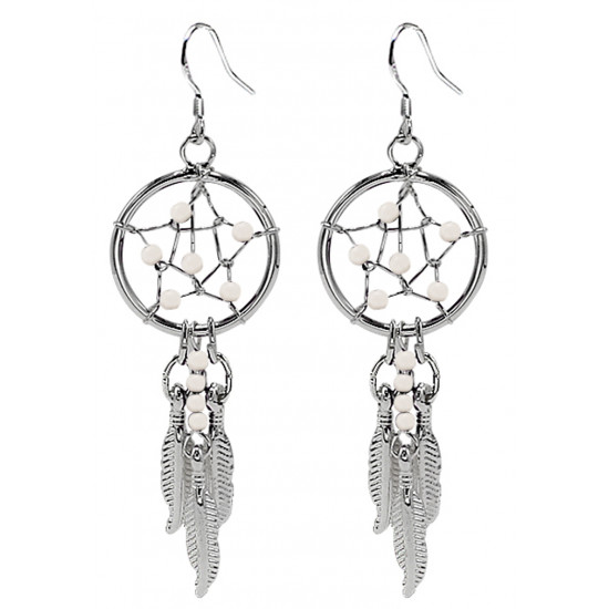 Hand Made Silver Dreamcatcher Star Dangle Earrings with Genuine Stone Beads That Comes in Coral, Turquoise, Onyx, Lapis and White.