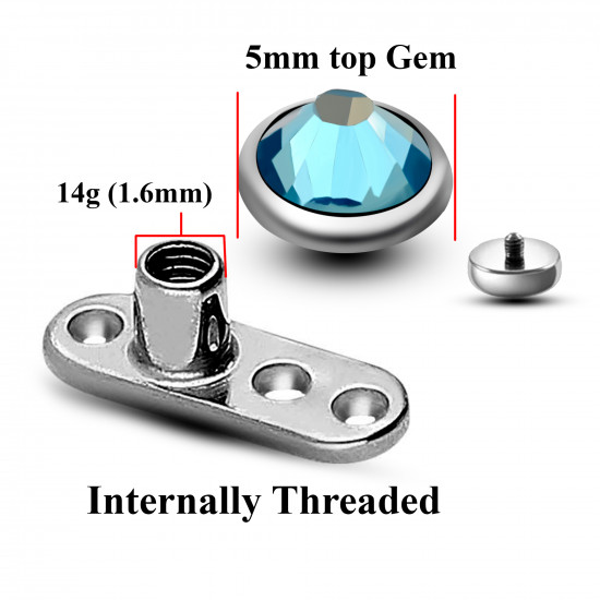 Dermal Anchor - Micro Dermal Skin Piercing with top Gem Pyramid Crystal - Flat Bottom 3 Holes - 14g (1.6mm) internal threading connector - Quality Tested by Sheffield Assay Office England
