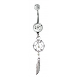 Silver Dreamcatcher One Feather Belly Bar with Genuine Stone Beads That Comes in Coral, Turquoise, Onyx, Lapis and White.