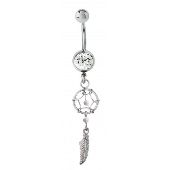 Silver Dreamcatcher One Feather Belly Bar with Genuine Stone Beads That Comes in Coral, Turquoise, Onyx, Lapis and White.