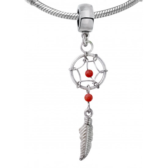 Silver Dreamcatcher One Feather Charms Pendant with Genuine Stone Beads for European Bracelets and Necklace