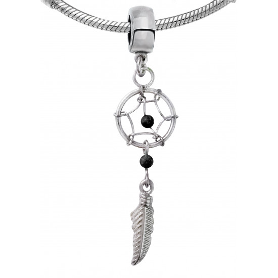 Silver Dreamcatcher One Feather Charms Pendant with Genuine Stone Beads for European Bracelets and Necklace