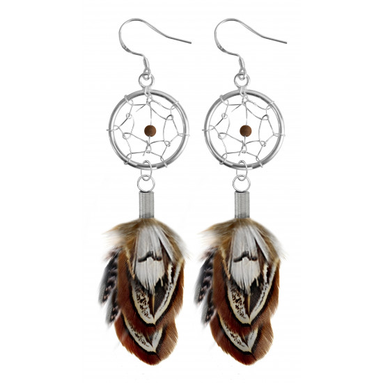 Silver Dreamcatcher Earrings or Pendant with Genuine Stone Beads and Plumage Bird Feathers.
