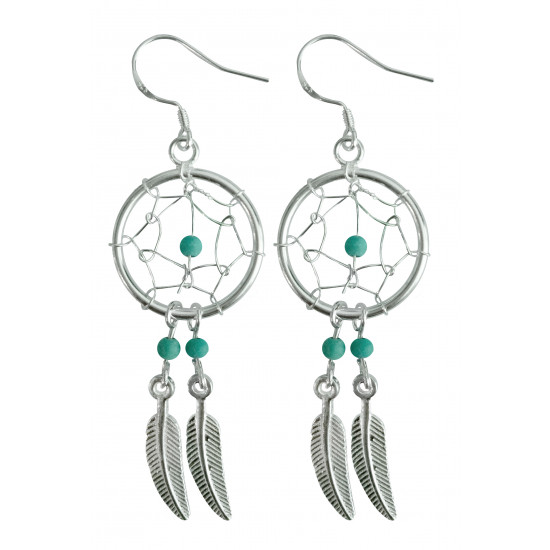 Silver Dreamcatcher Earrings with Genuine Stone Beads That Comes in Coral, Turquoise, Onyx, Lapis and White.