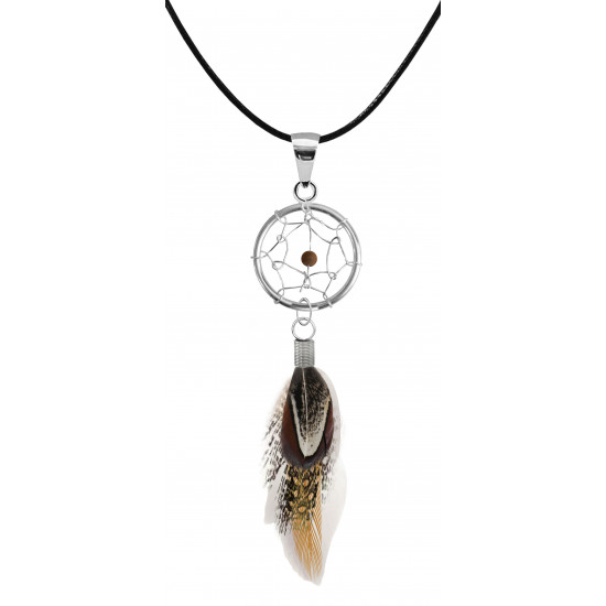 Silver Dreamcatcher Pendant with Genuine Stone Beads and Plumage Bird Feathers.