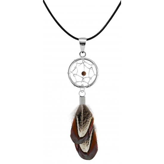 Silver Dreamcatcher Pendant with Genuine Stone Beads and Plumage Bird Feathers.