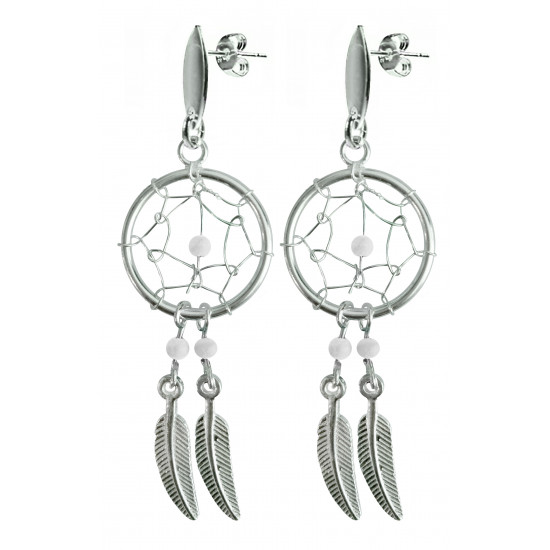 Silver Dreamcatcher Stud Earrings with Genuine Stone Beads That Comes in Coral, Turquoise, Onyx, Lapis and White.