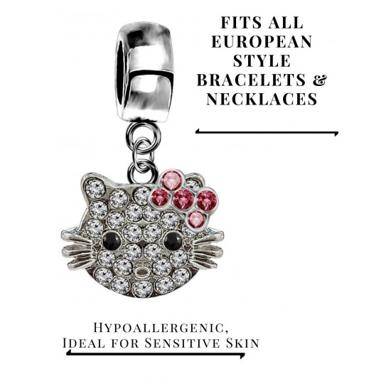 Silver Hello Kitty Charm with CZ Crystals Stones - Fits Pandora and European Bracelets - Available in 3 different styles