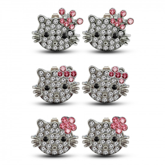 Silver Tone & Black Hello Kitty Design Stud Earrings 