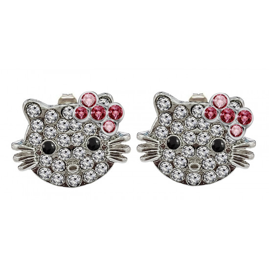 pk Micro-Pave Crystal USA! Hello Kitty Sterling Silver Stud Earrings~ Petitie 