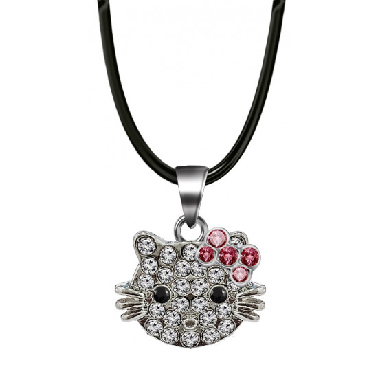 Silver Hello Kitty Pendant, Necklace - Hello Kitty logo Studded with CZ Crystal Stones - Available in 3 Different Styles