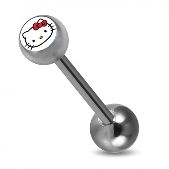 Barbell Piercing - Hello Kitty Design - Piercing for tongue , ear, eyebrow, cartilage and more - Surgical Steel 316L - 14g (1.6mm) and Length is 14mm to 16mm - Quality Checked by Sheffield Assay Office